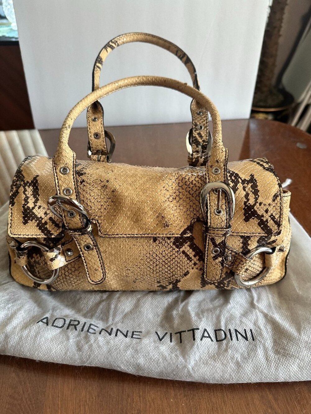 Adrienne Vittadini Brown and Beige Satchel with Snakeskin Pattern